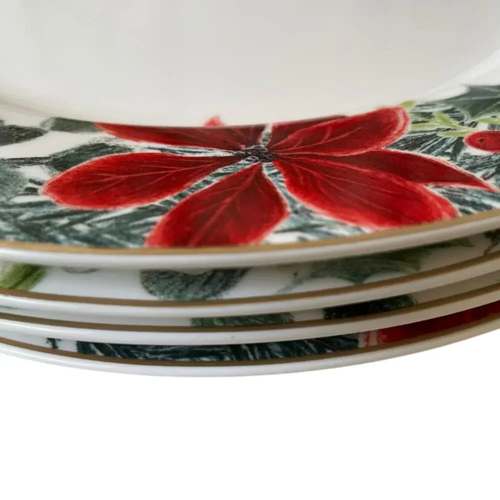 Grace Teaware Christmas Poinsettia Dinner Plates 10.5in Set of 4 Holiday New